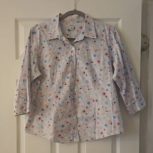L.L. Bean Light Blue Floral Button-Front Shirt w/Coral & Navy Accents.  Size M